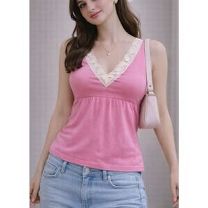 Y2K Coquette Babydoll Lace Trim Camisole Tank Top Size Large Pink Soft Romantic